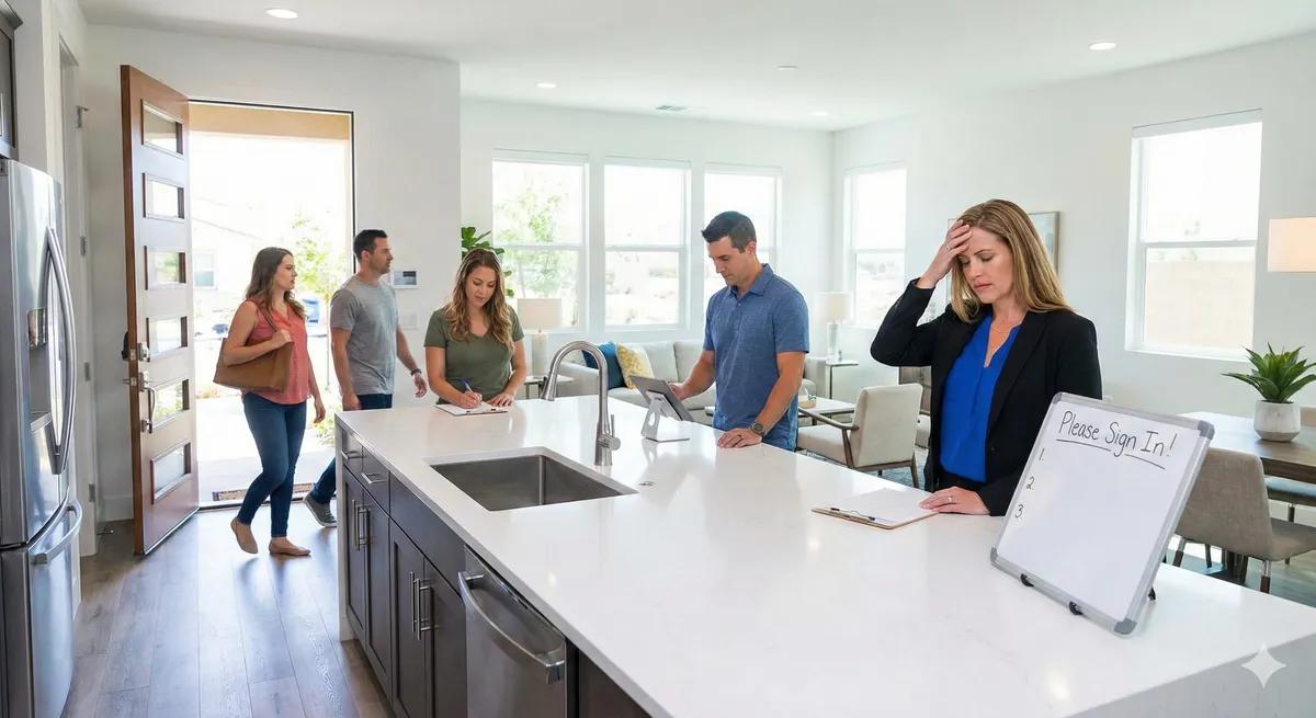 Stressed real estate agent at busy open house with paper sign-in sheet